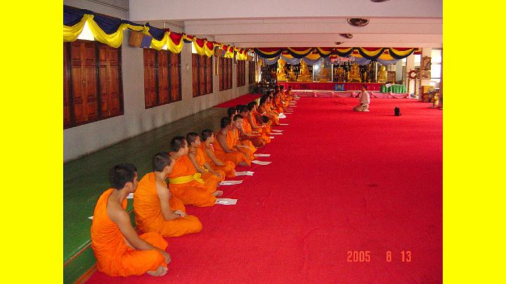 019checking .jpg - Monks who learnt Maharishi's Transcendental Meditation Programme sit in an orderly fashion while listening to their teacher.